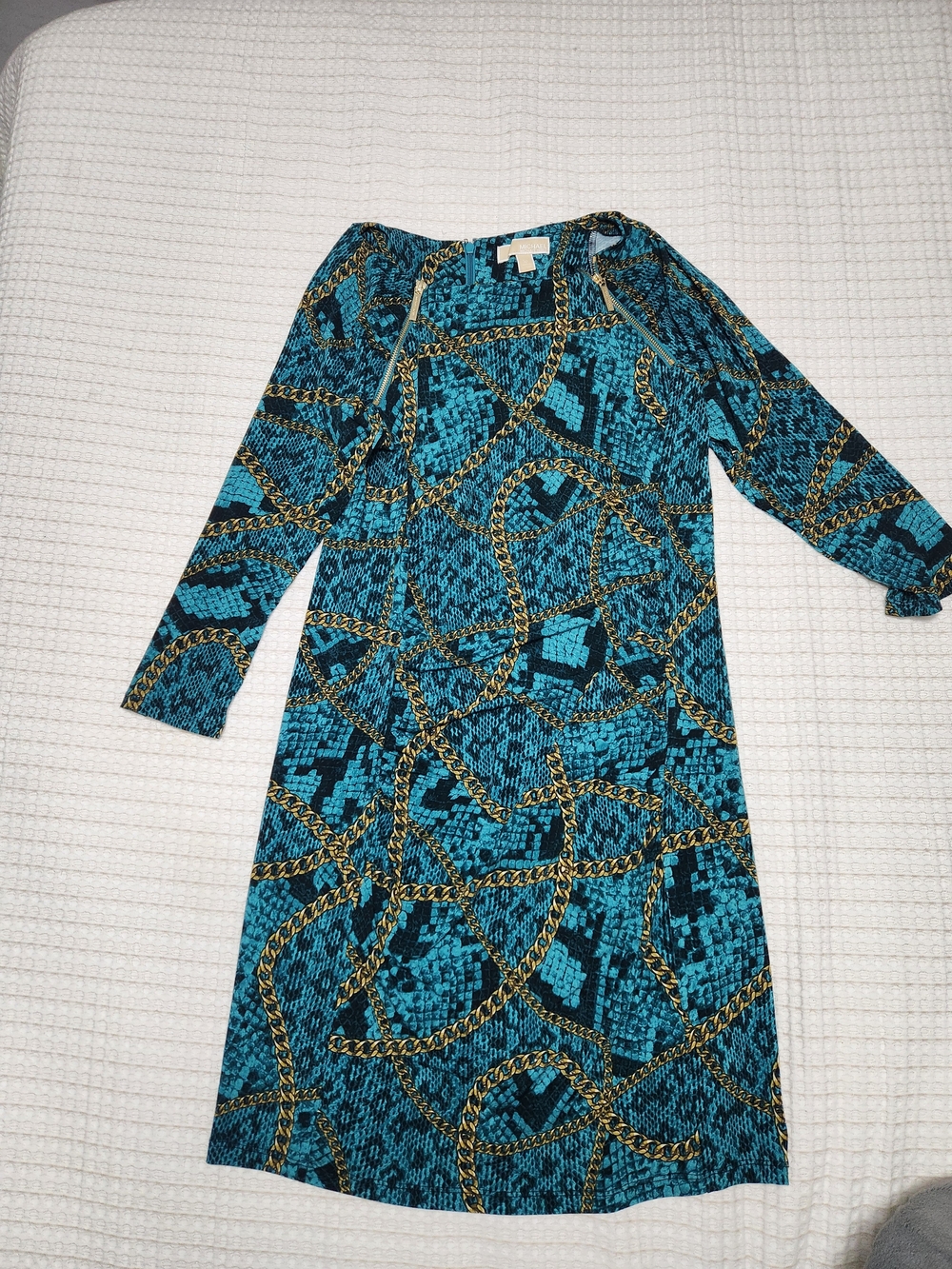 Michael Kors Teal and Gold Chain-Print Long Sleeve Dress